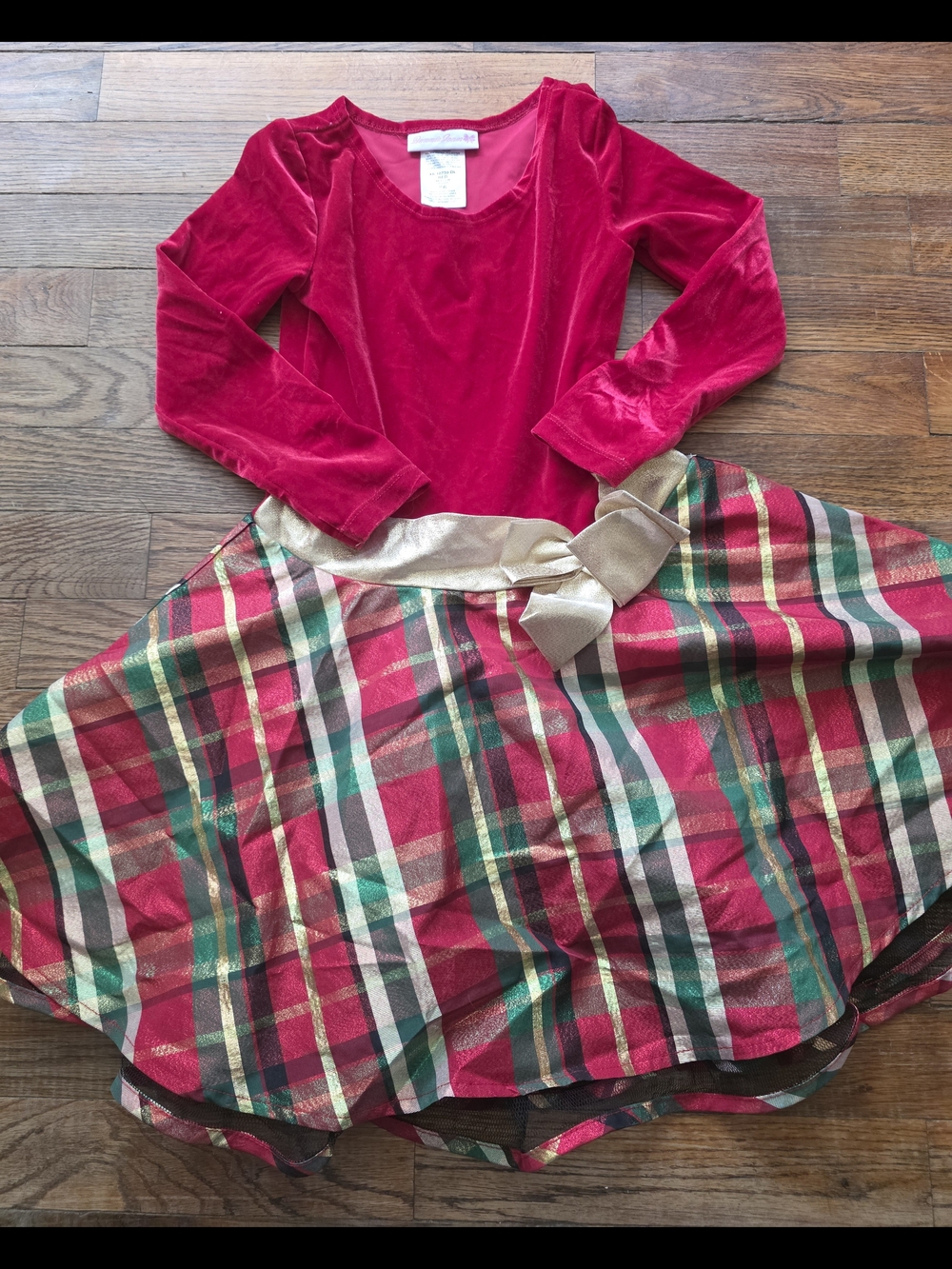 Bonnie Jean Red Velvet & Plaid Holiday Dress with Gold Bow